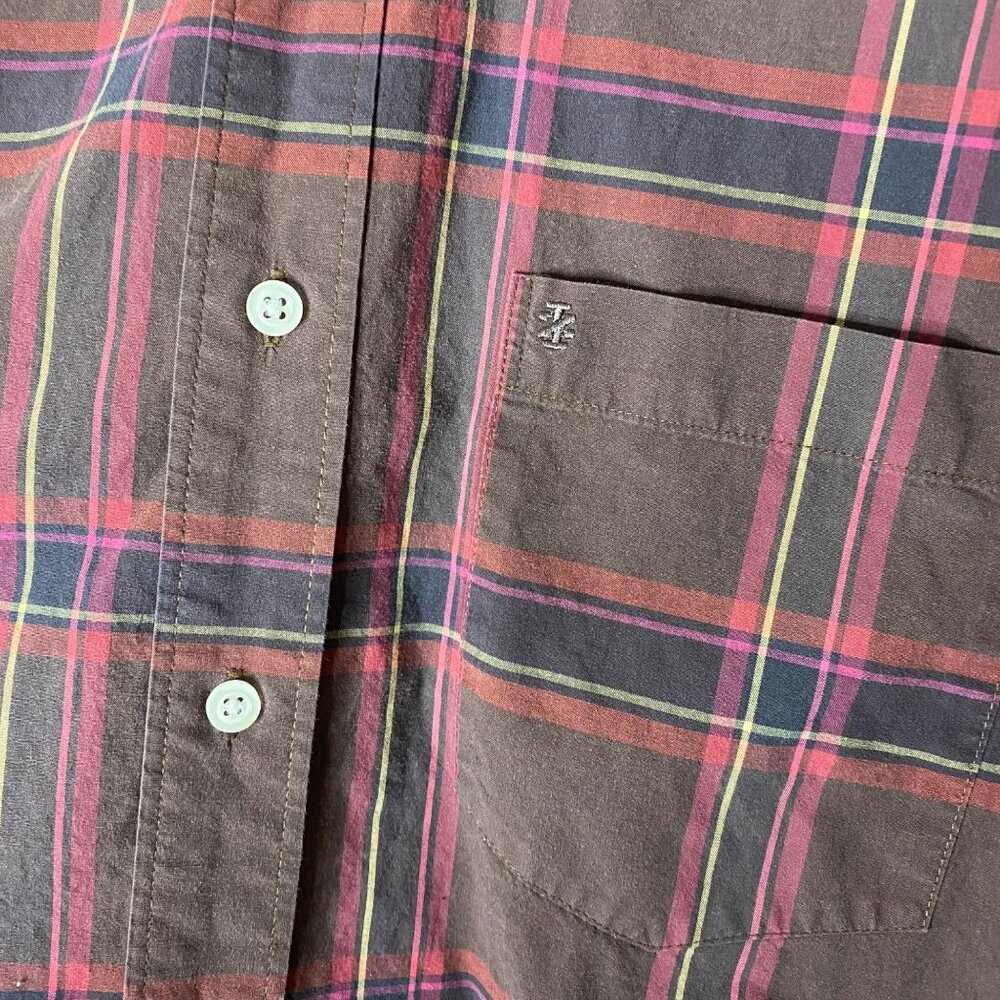 IZOD Men's M Plaid Button Down Shirt Brown Pink Yellow Navy Long Sleeve Cotton - Picture 6 of 7